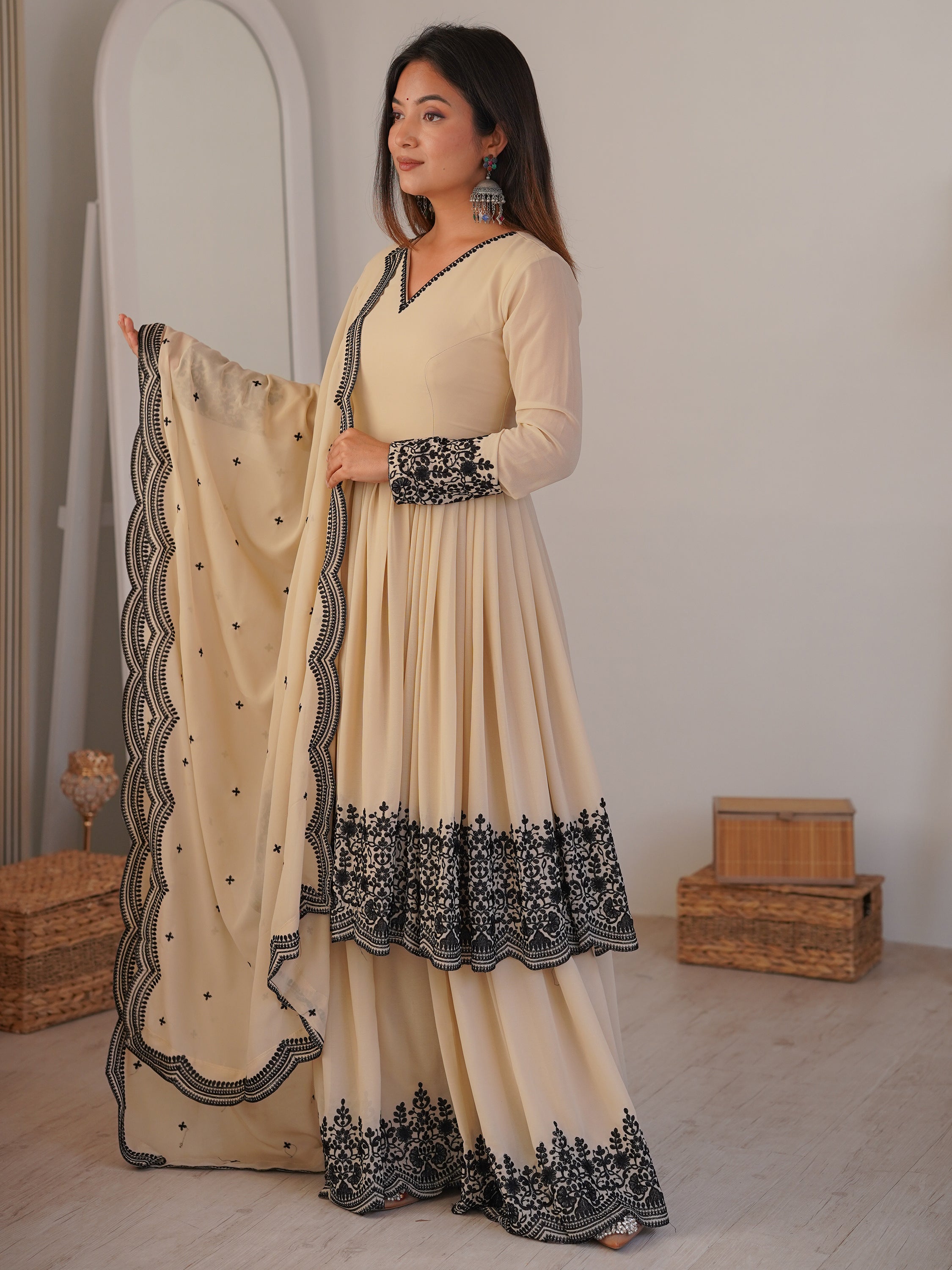 Attractive White Thread Work Georgette Festival Wear Palazzo Suit