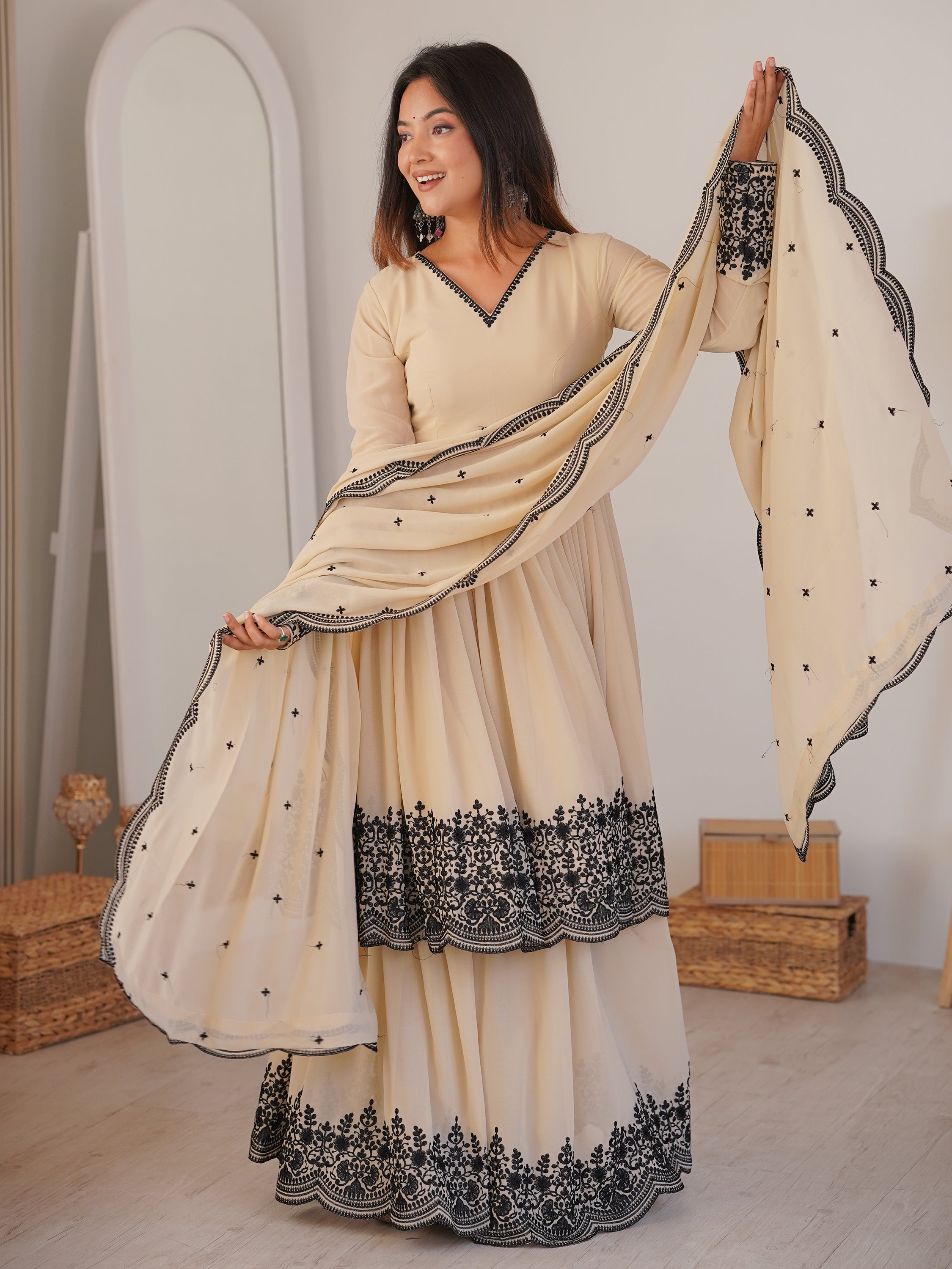 Attractive White Thread Work Georgette Festival Wear Palazzo Suit