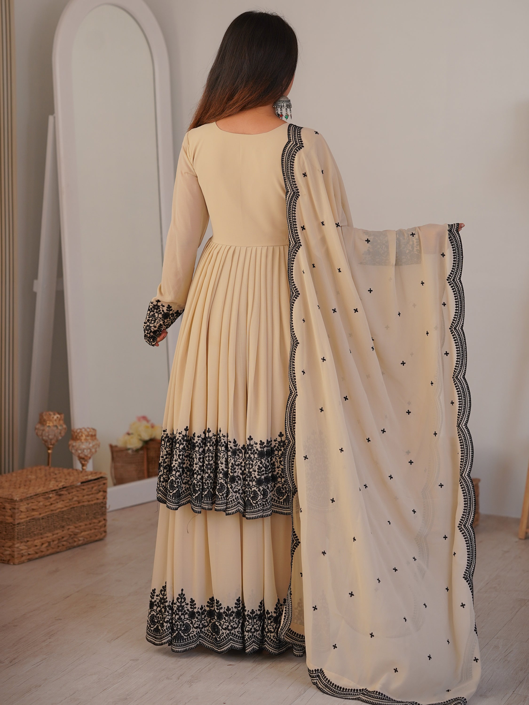 Attractive White Thread Work Georgette Festival Wear Palazzo Suit