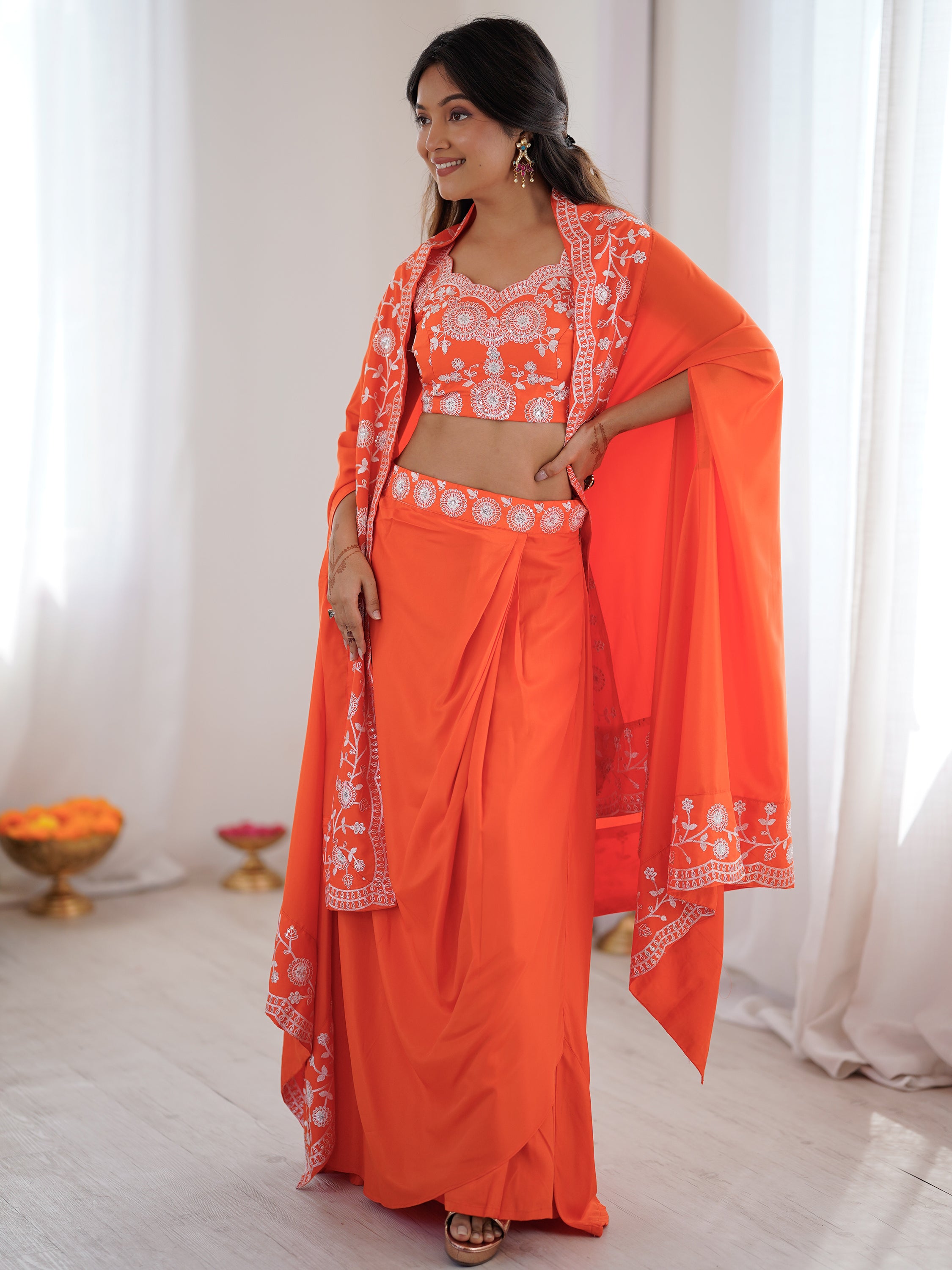 Beautiful Orange Crepe Designer Lehenga Choli With Sequins Shrug