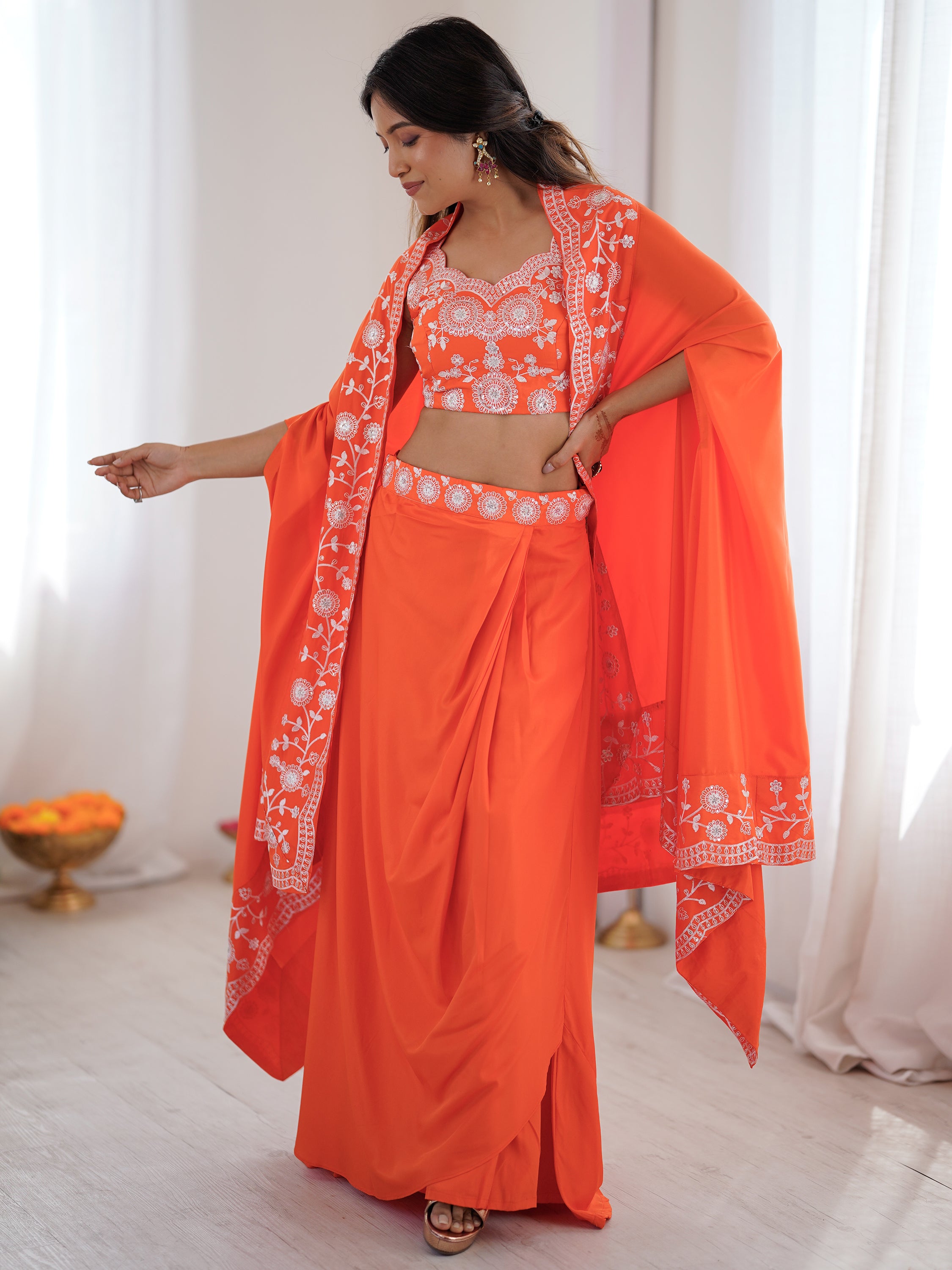 Beautiful Orange Crepe Designer Lehenga Choli With Sequins Shrug