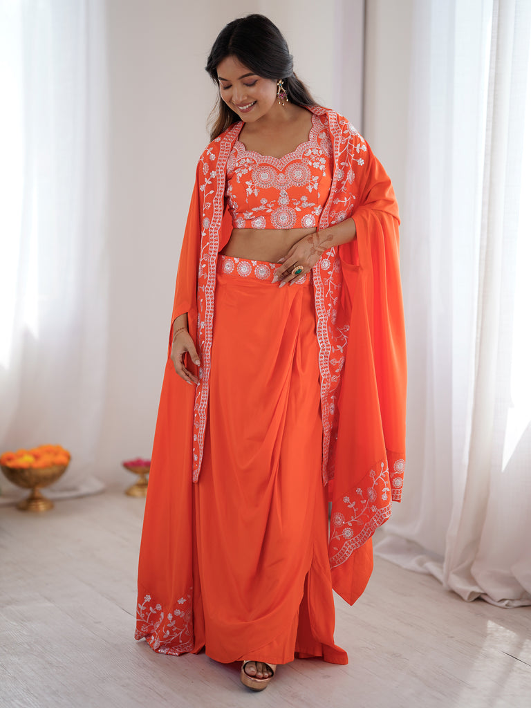 Beautiful Orange Crepe Designer Lehenga Choli With Sequins Shrug