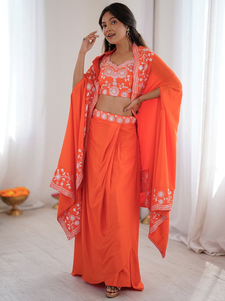 Beautiful Orange Crepe Designer Lehenga Choli With Sequins Shrug