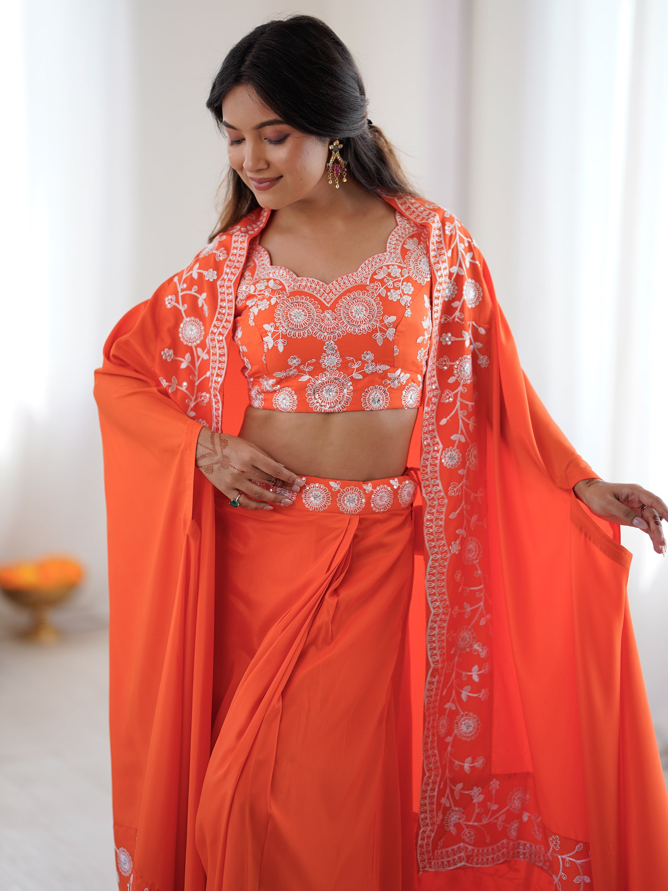 Beautiful Orange Crepe Designer Lehenga Choli With Sequins Shrug