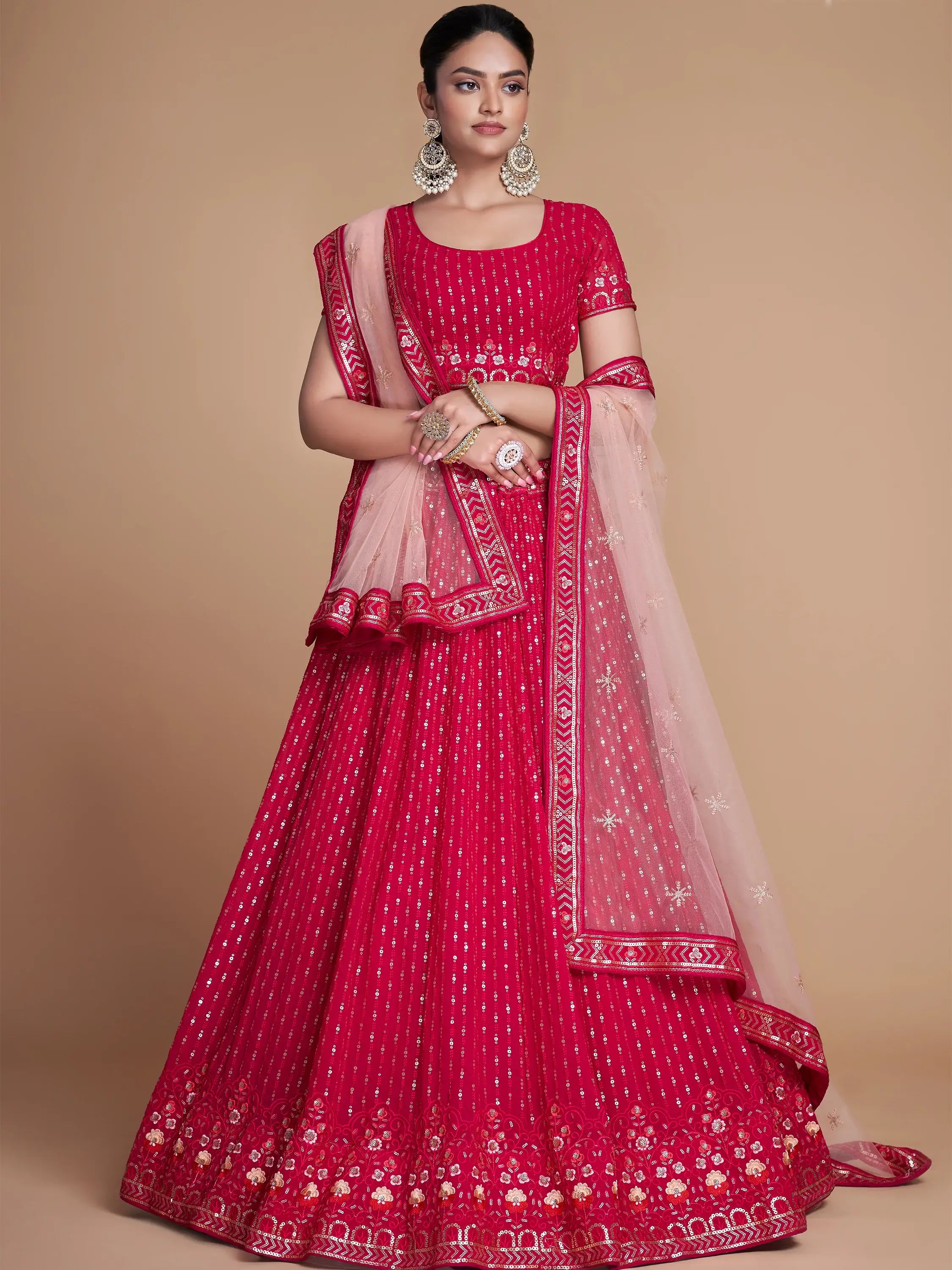 Wondrous Rose Pink Sequined Georgette Bridesmaid Lehenga Choli