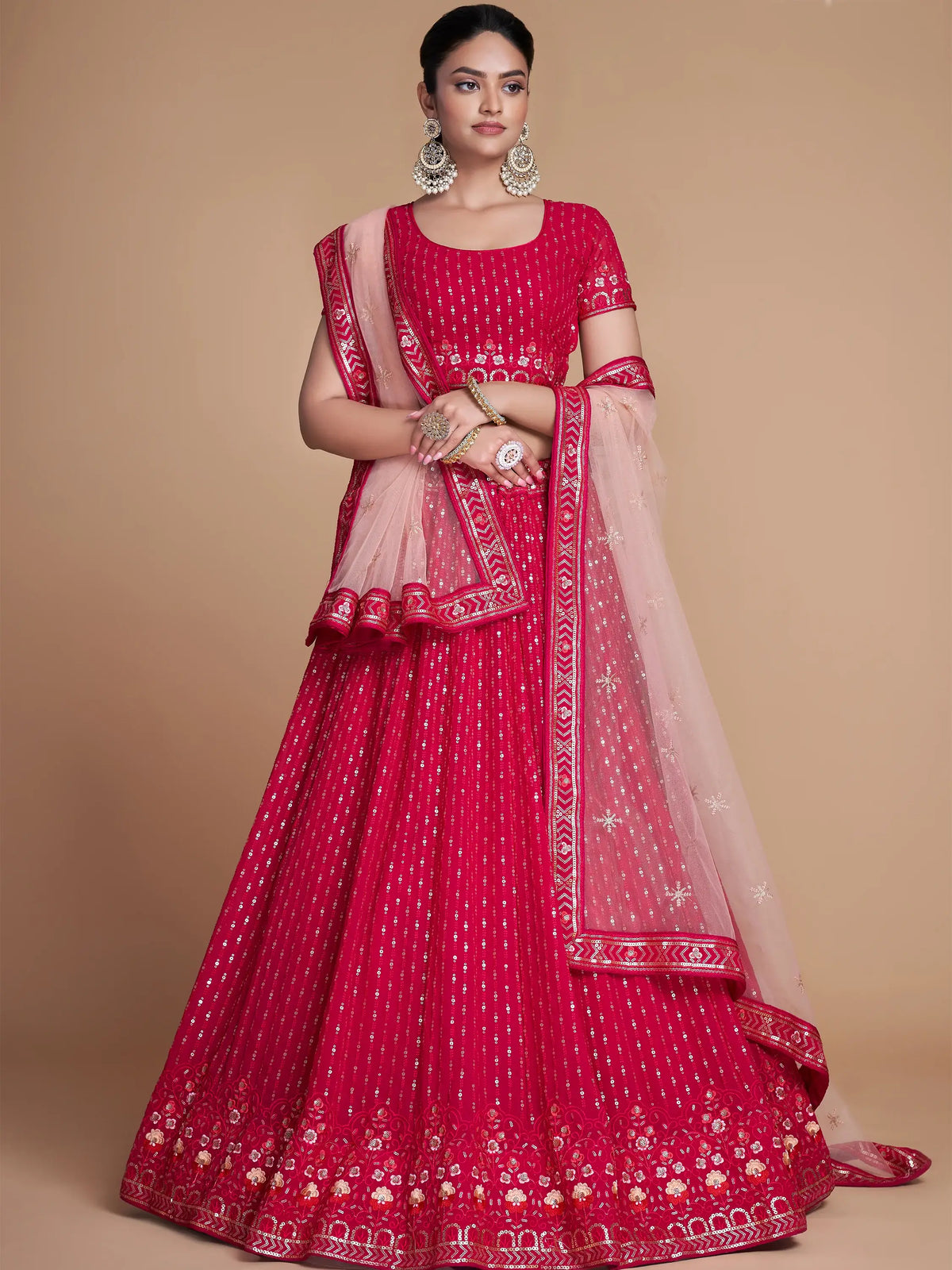 Wondrous Rose Pink Sequined Georgette Bridesmaid Lehenga Choli