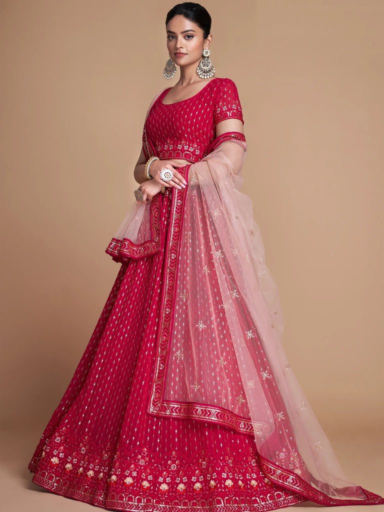 Wondrous Rose Pink Sequined Georgette Bridesmaid Lehenga Choli