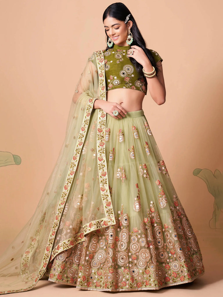 Impressive Pista Green Net Embroidered Wedding Lehenga Choli