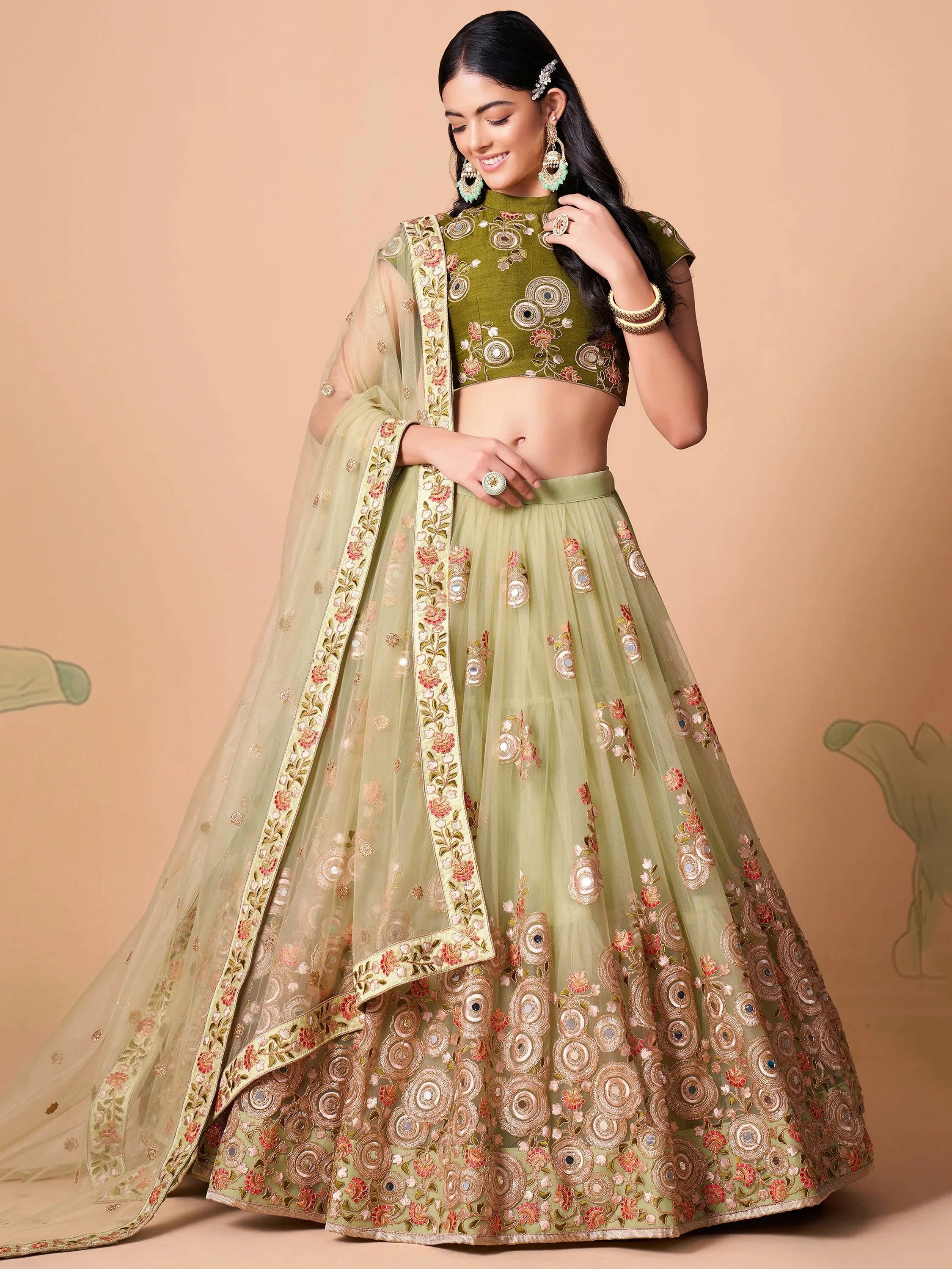 Stunning Pista Green Embroidered Net Bridesmaid Plus Size Lehenga Choli