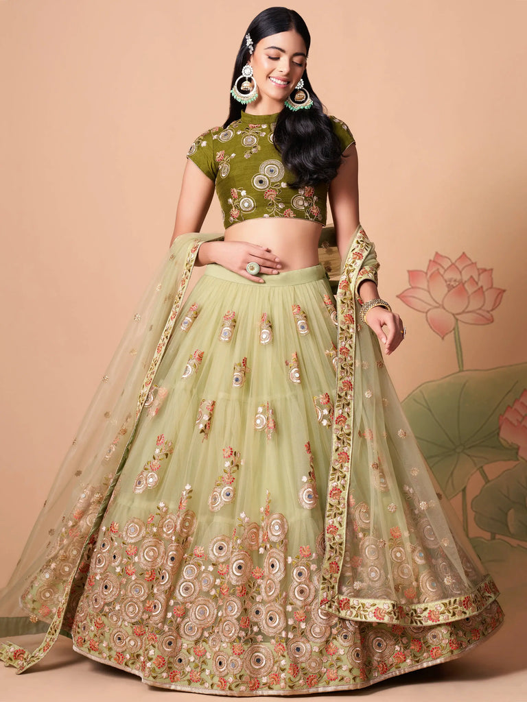 Impressive Pista Green Net Embroidered Wedding Lehenga Choli