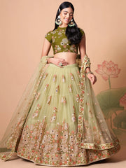 Impressive Pista Green Net Embroidered Wedding Lehenga Choli