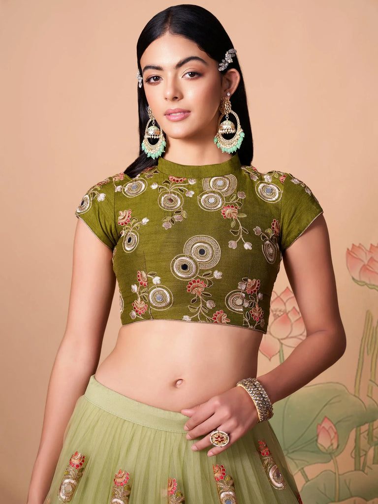 Stunning Pista Green Embroidered Net Bridesmaid Plus Size Lehenga Choli