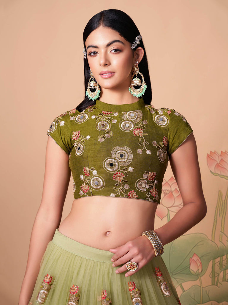 Impressive Pista Green Net Embroidered Wedding Lehenga Choli