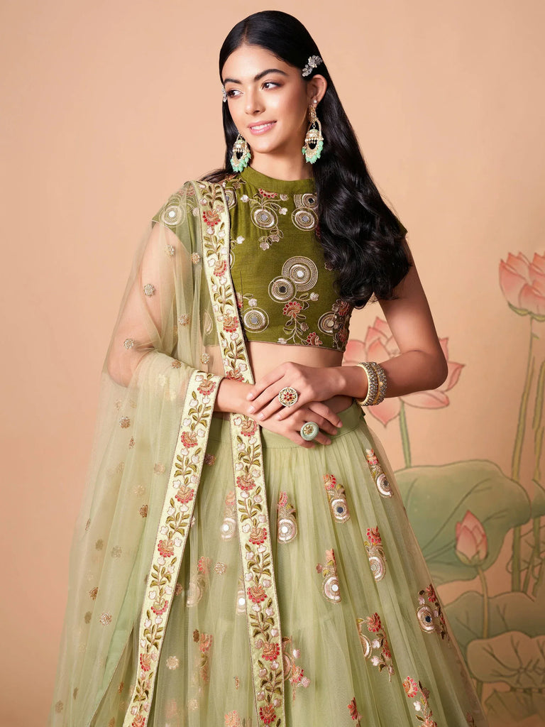 Stunning Pista Green Embroidered Net Bridesmaid Plus Size Lehenga Choli