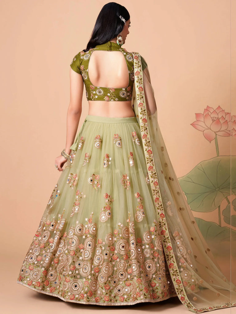 Stunning Pista Green Embroidered Net Bridesmaid Plus Size Lehenga Choli