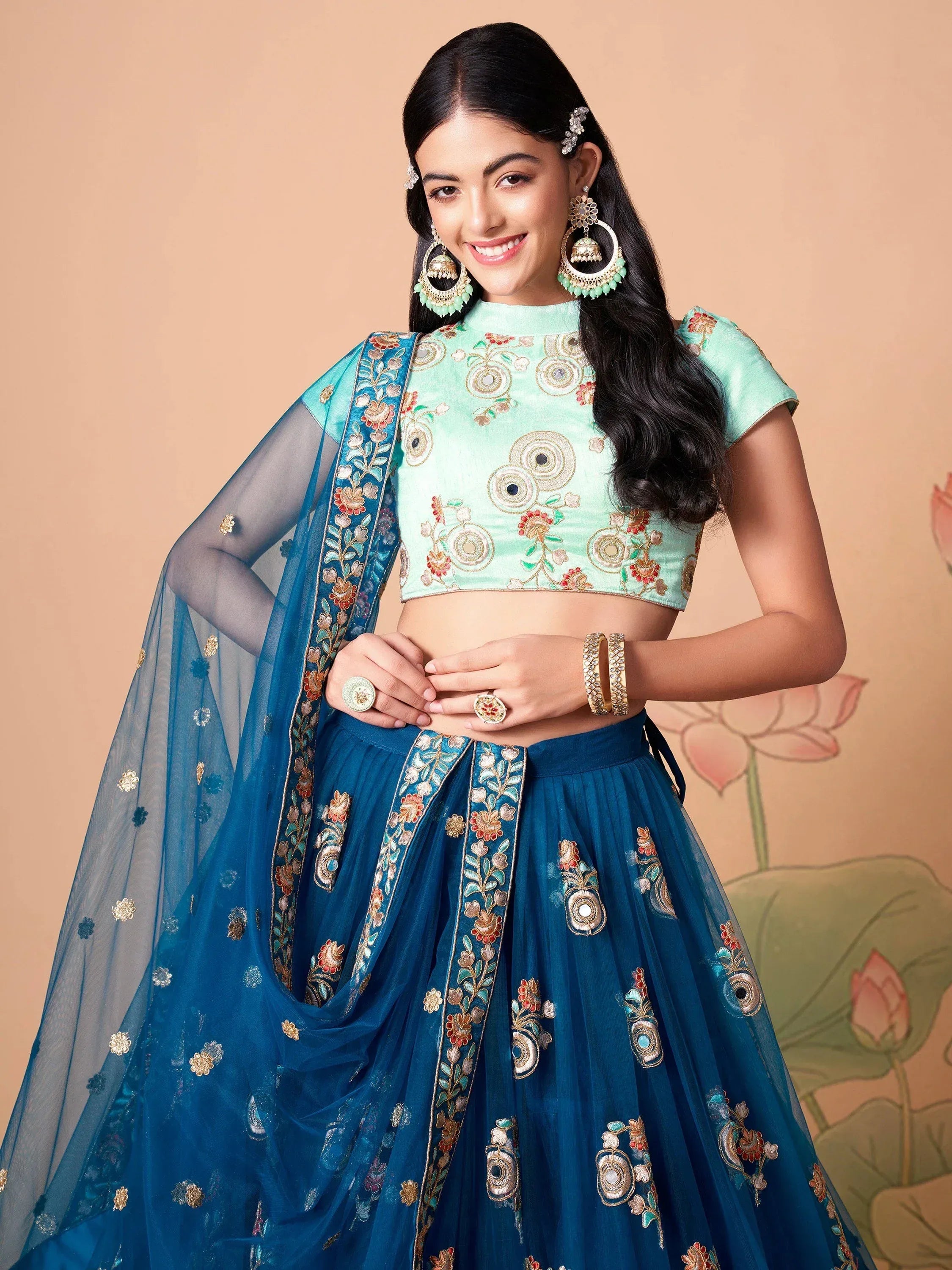 Sparkling Blue Embroidered Net Wedding Wear Plus Size Lehenga Choli