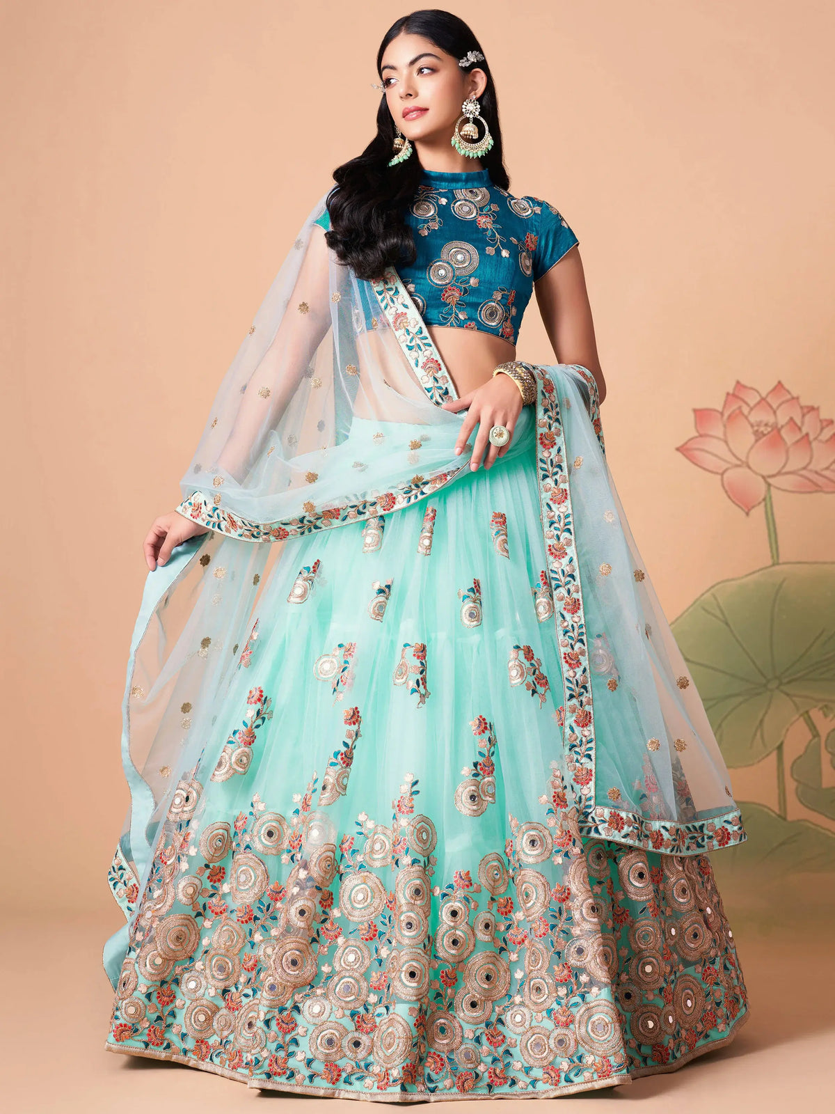 Lovely Electric Blue Sequins Work Net Designer Lehenga Choli