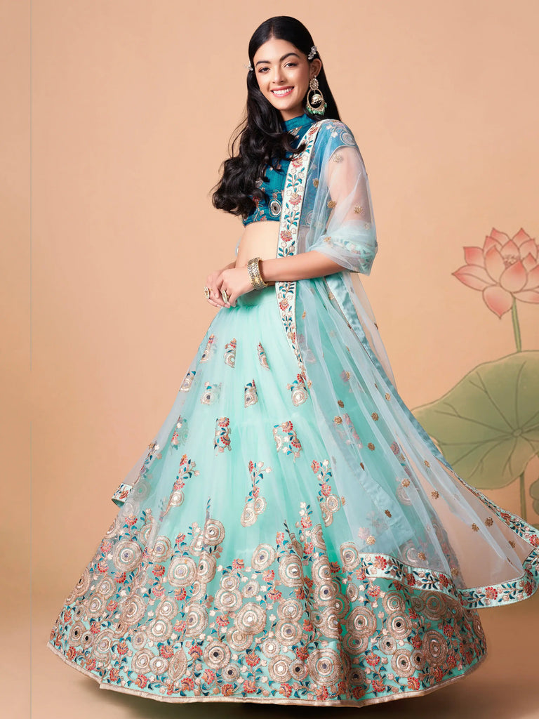 Lovely Electric Blue Sequins Work Net Designer Lehenga Choli