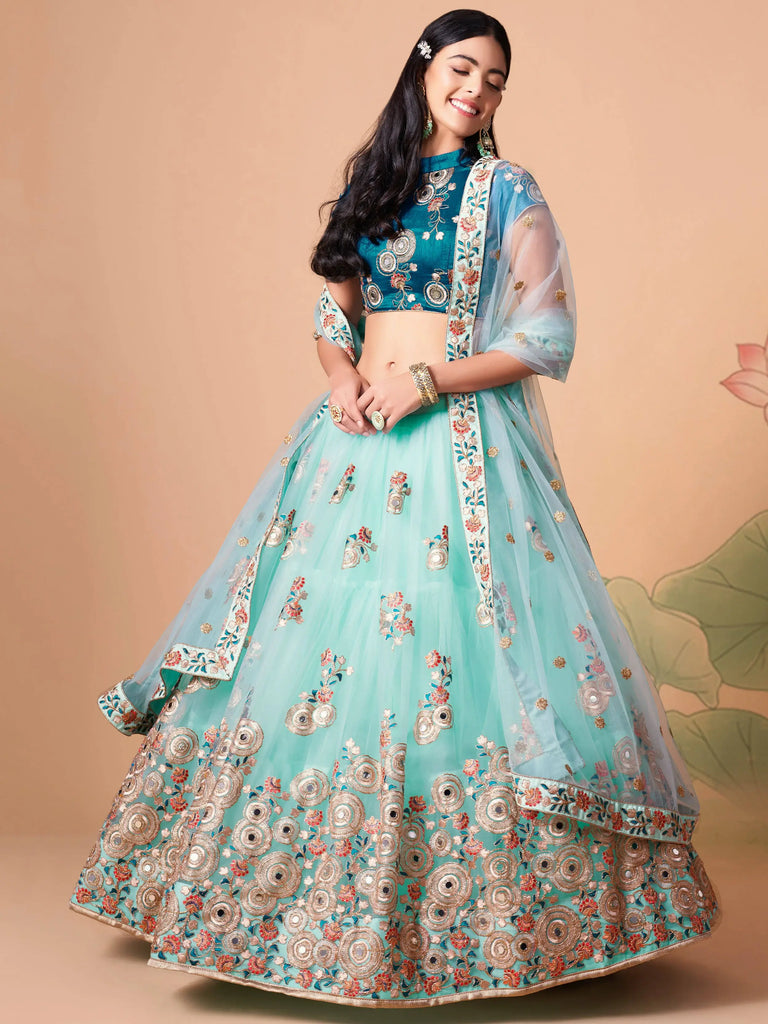 Lovely Electric Blue Sequins Work Net Designer Lehenga Choli
