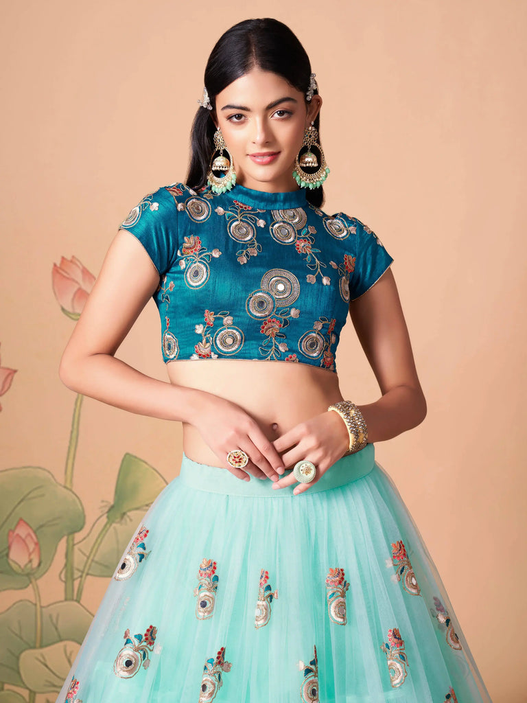 Lovely Electric Blue Sequins Work Net Designer Lehenga Choli