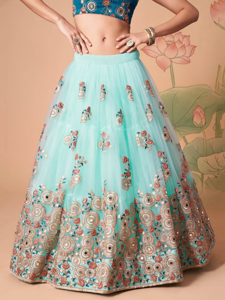 Lovely Electric Blue Sequins Work Net Designer Lehenga Choli