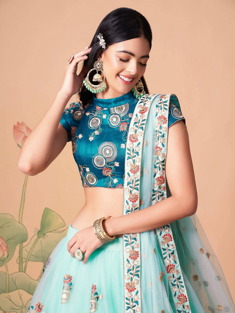 Lovely Electric Blue Sequins Work Net Designer Lehenga Choli