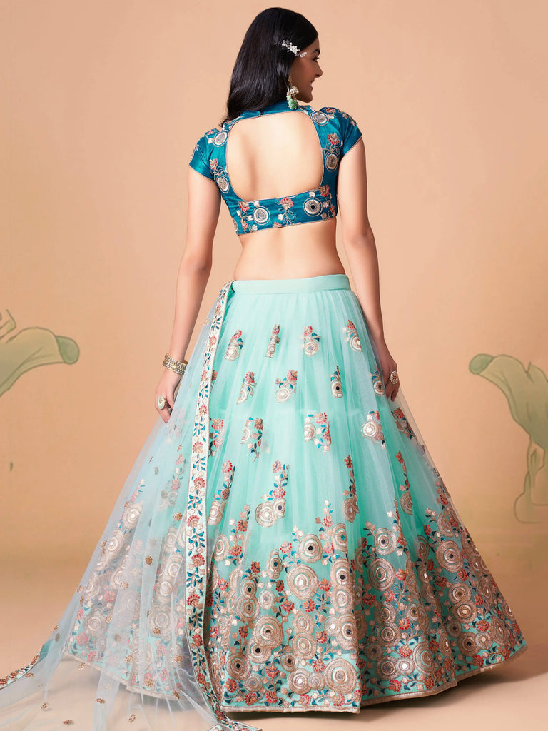 Lovely Electric Blue Sequins Work Net Designer Lehenga Choli