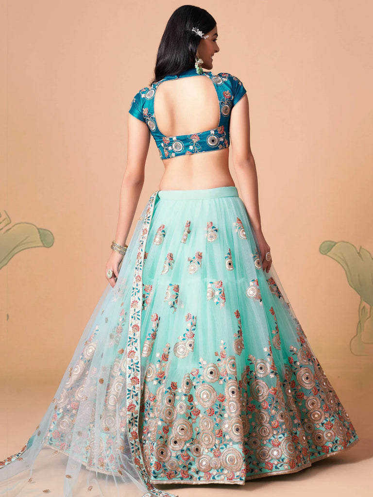 Alluring Blue Embroidered Net Engagement Wear Plus Size Lehenga Choli