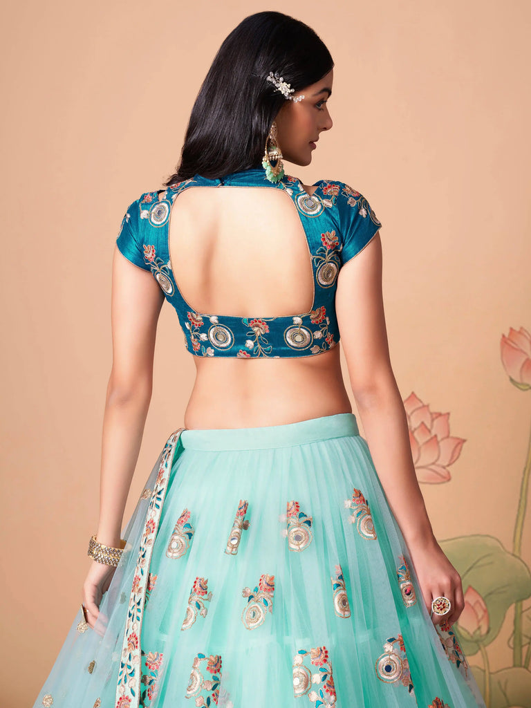 Lovely Electric Blue Sequins Work Net Designer Lehenga Choli