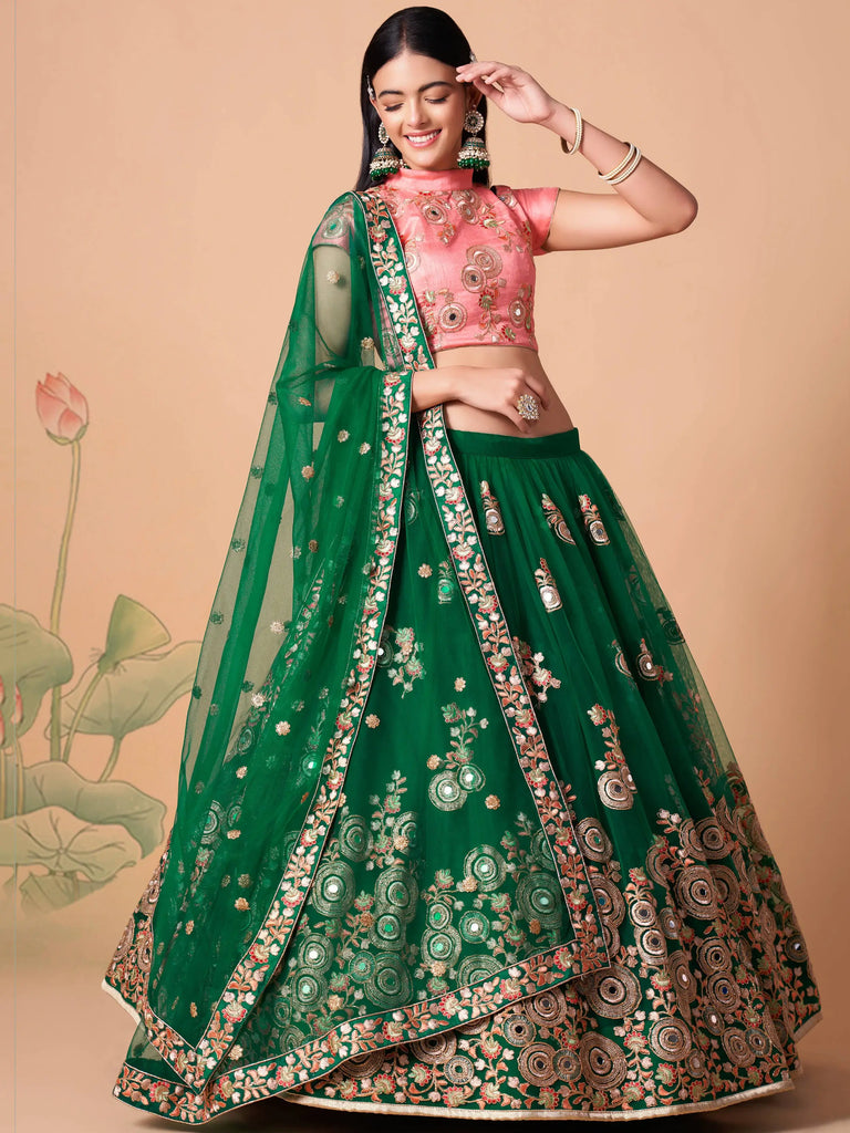 Stunning Green Embroidered Net Designer lehenga Choli