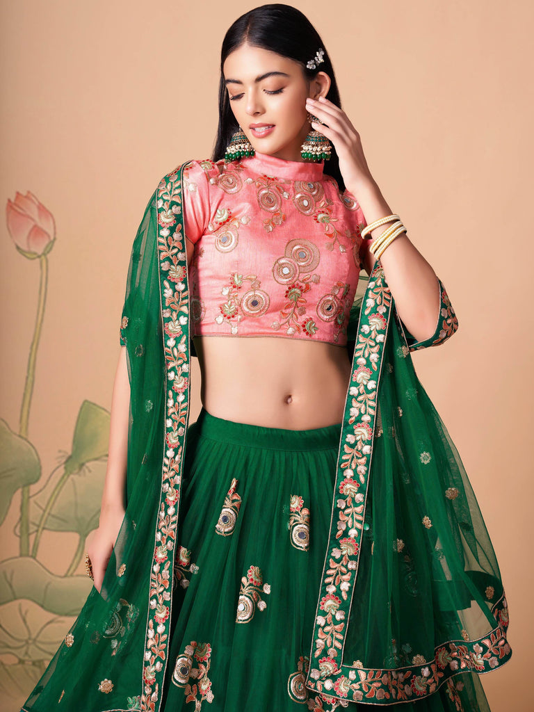 Stunning Green Embroidered Net Designer lehenga Choli
