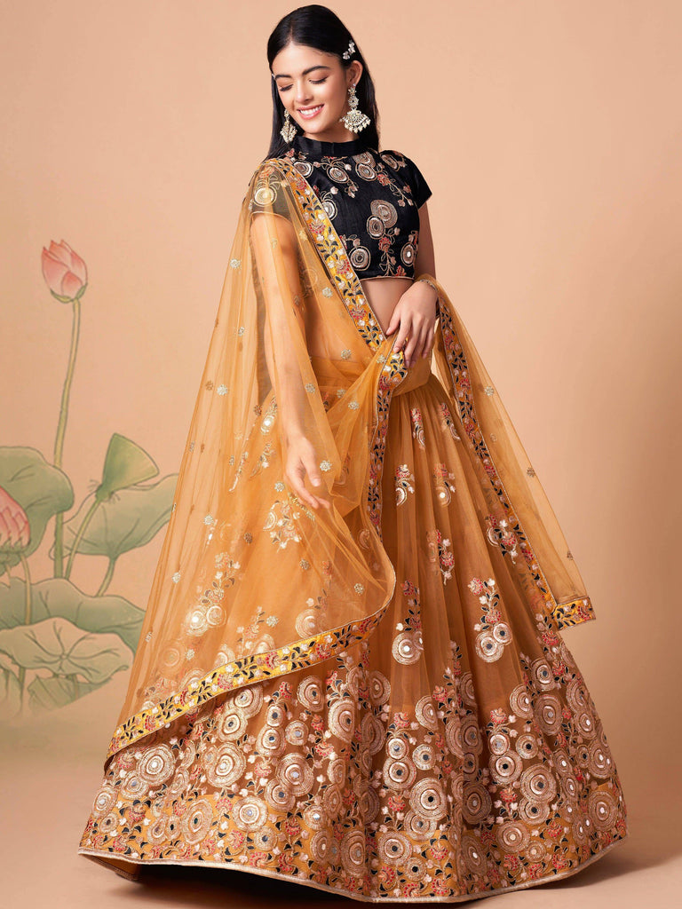 Glowing Golden Embroidered Net Engagement Wear Plus Size Lehenga Choli
