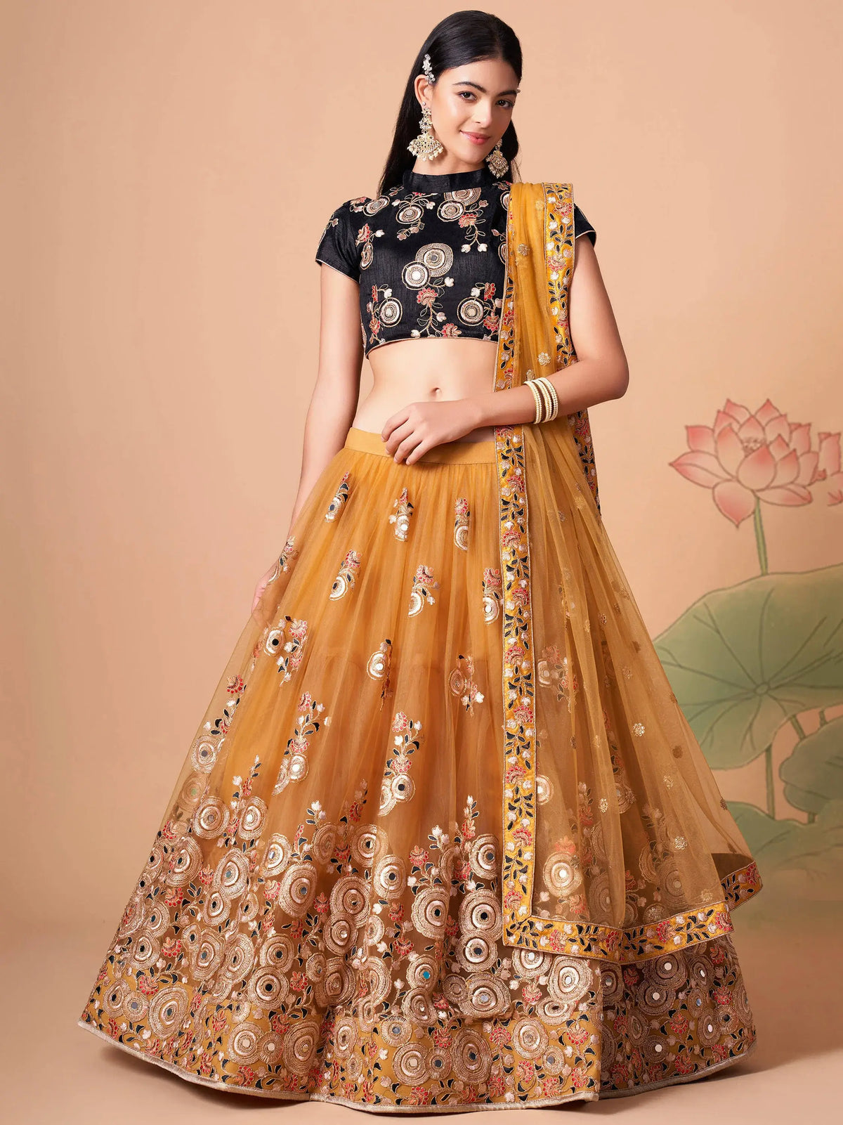 Fabulous Yellow Mirror Embroidered Net Festive Lehenga Choli