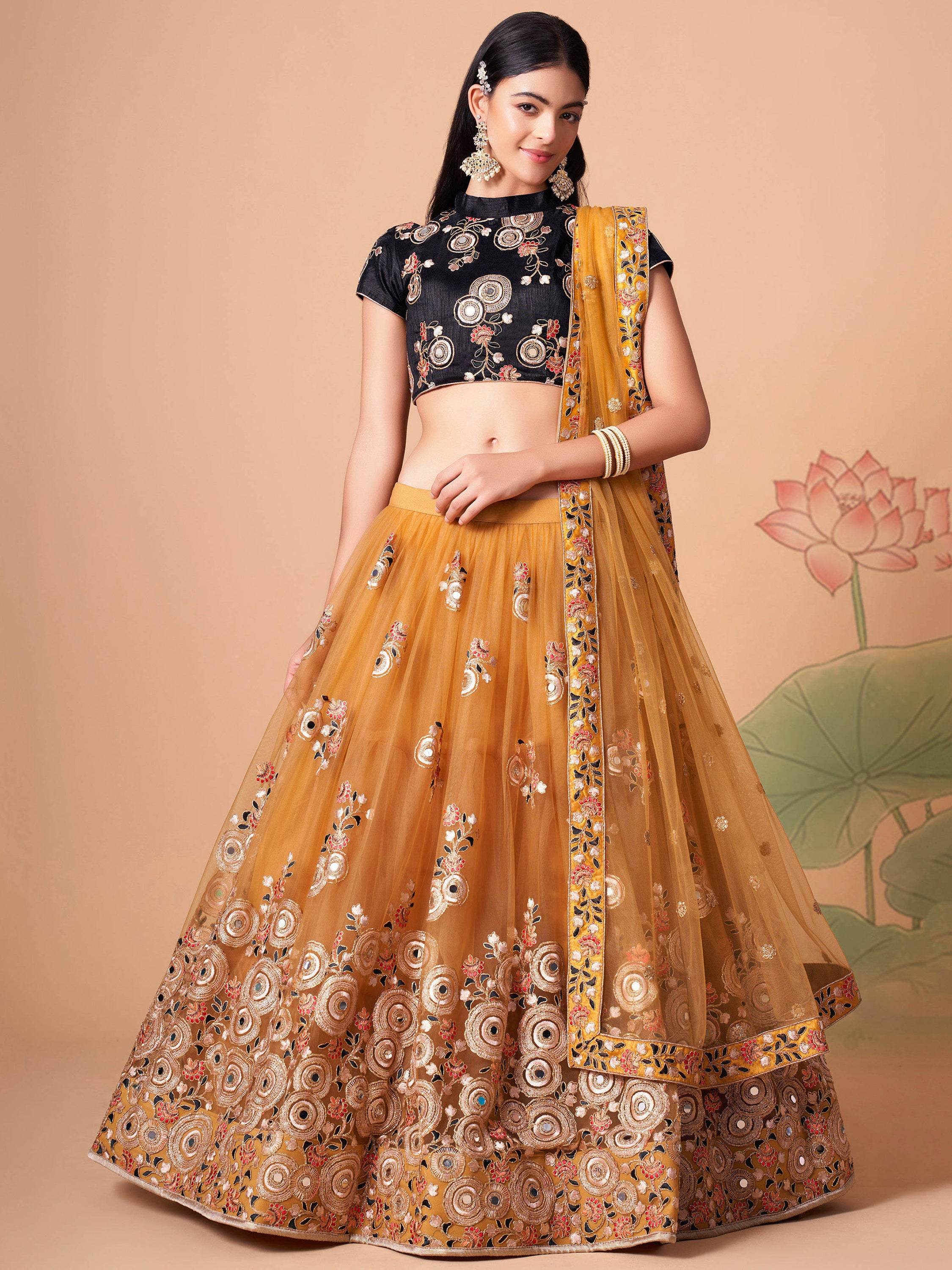 Glowing Golden Embroidered Net Engagement Wear Plus Size Lehenga Choli