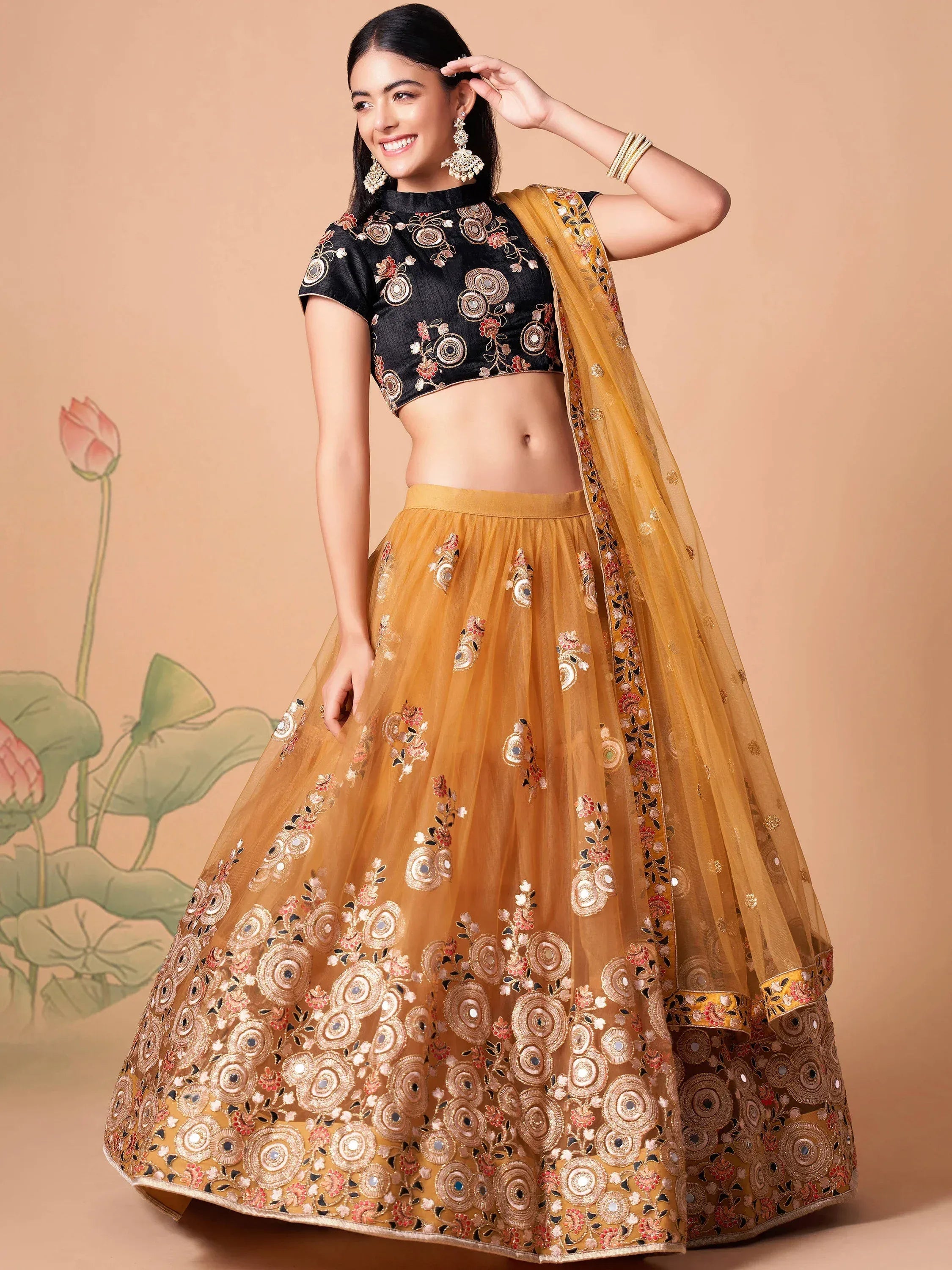 Glowing Golden Embroidered Net Engagement Wear Plus Size Lehenga Choli