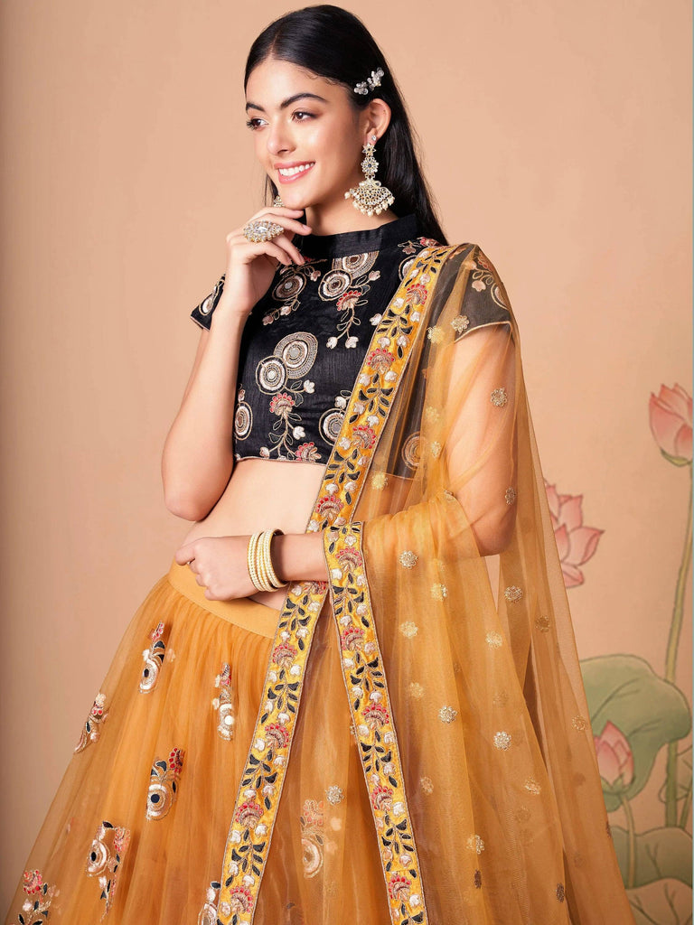 Glowing Golden Embroidered Net Engagement Wear Plus Size Lehenga Choli