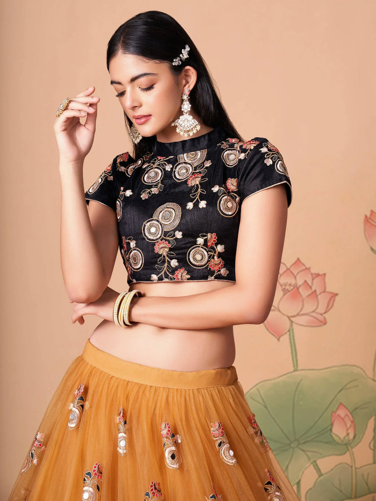 Glowing Golden Embroidered Net Engagement Wear Plus Size Lehenga Choli