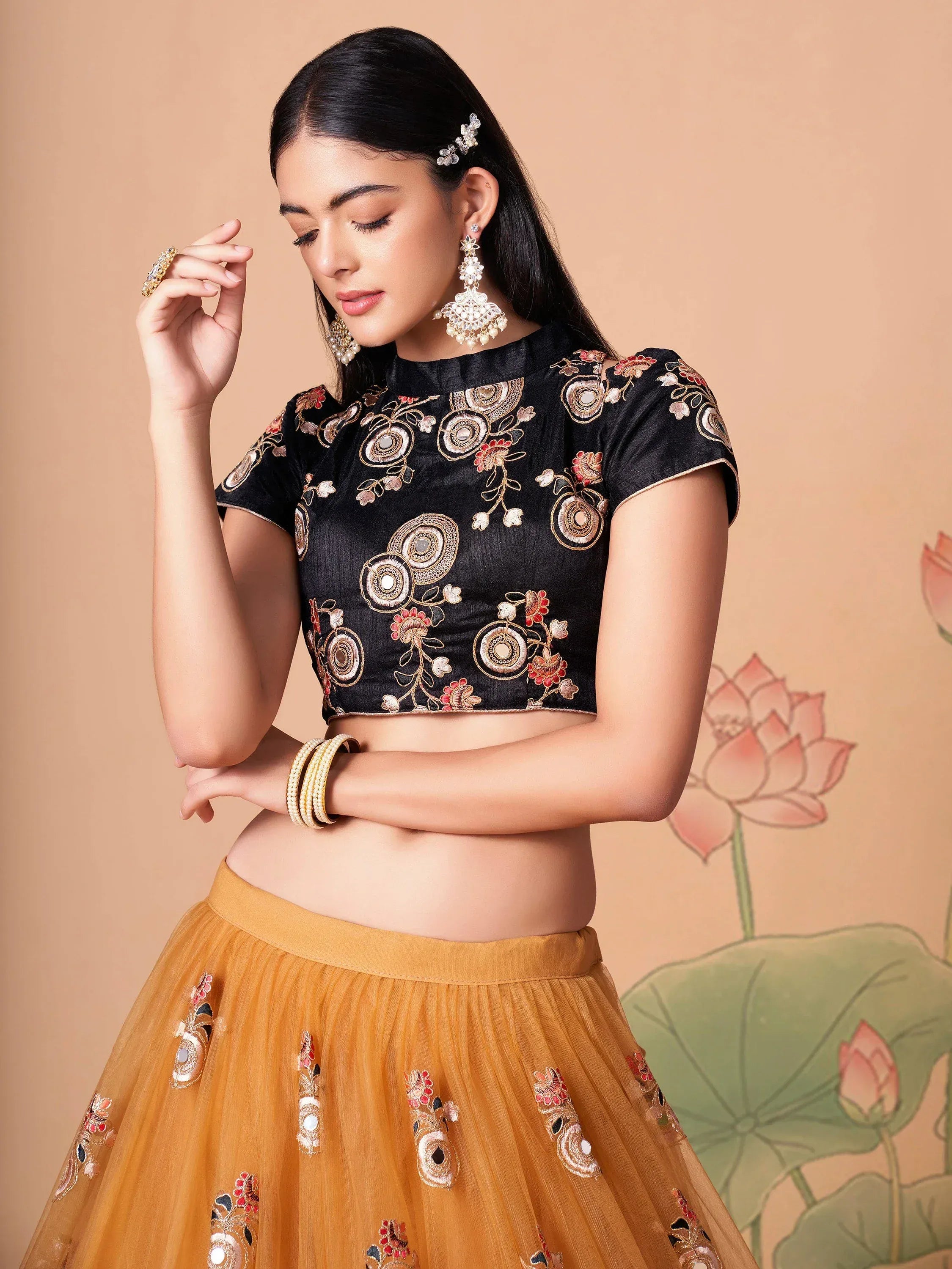 Glowing Golden Embroidered Net Engagement Wear Plus Size Lehenga Choli