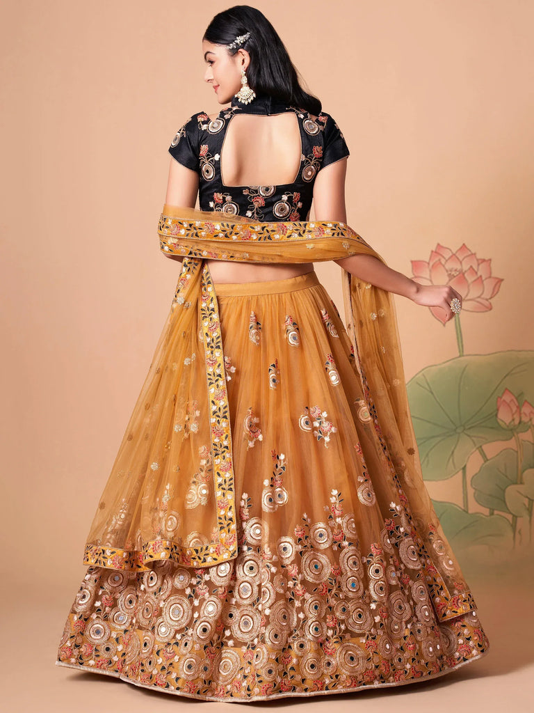 Glowing Golden Embroidered Net Engagement Wear Plus Size Lehenga Choli