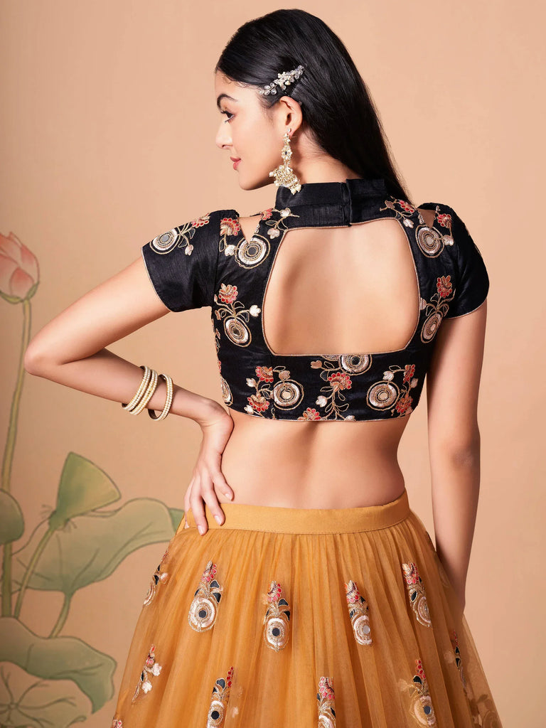 Glowing Golden Embroidered Net Engagement Wear Plus Size Lehenga Choli