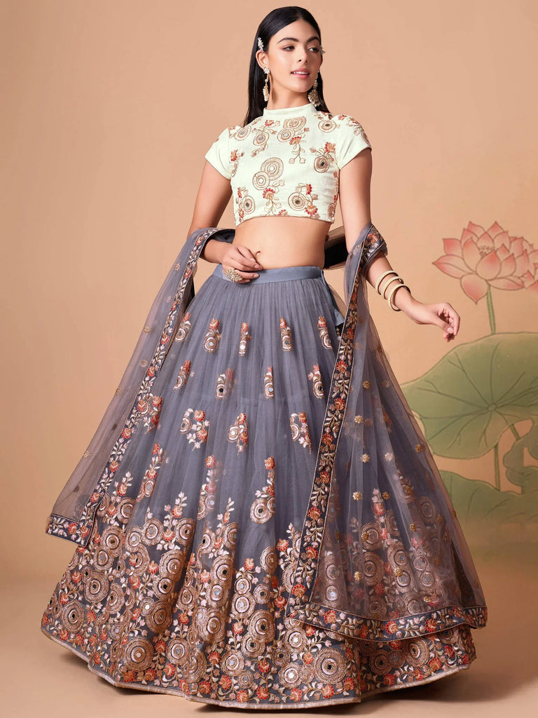 Amazing Grey Embroidered Net Cocktail Party Wear Plus Size Lehenga Choli