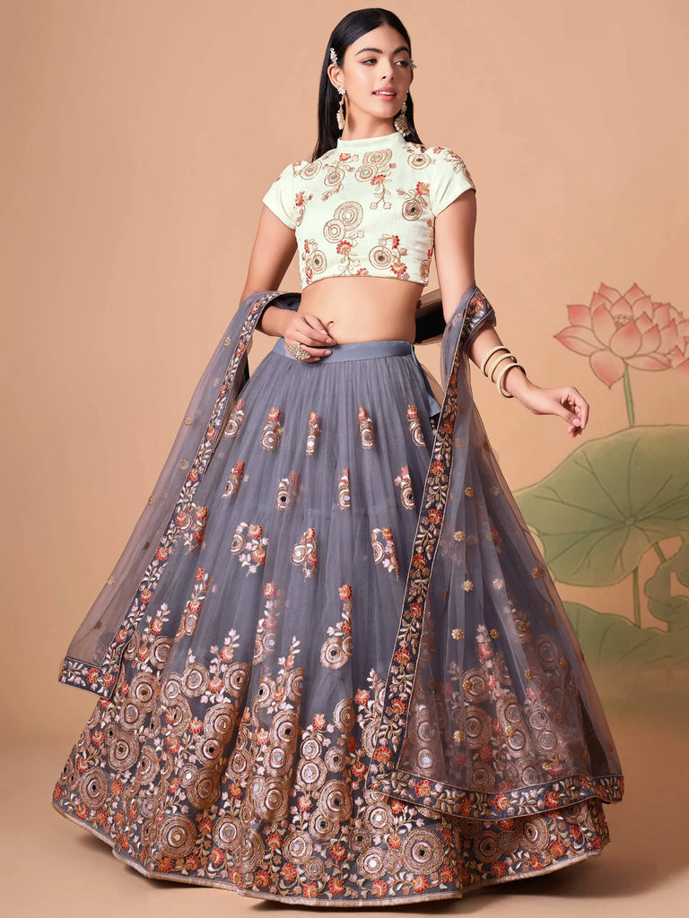 Sumptuous Grey Mirror Work Net Designer Lehenga Choli