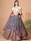 Sumptuous Grey Mirror Work Net Designer Lehenga Choli