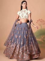 Sumptuous Grey Mirror Work Net Designer Lehenga Choli