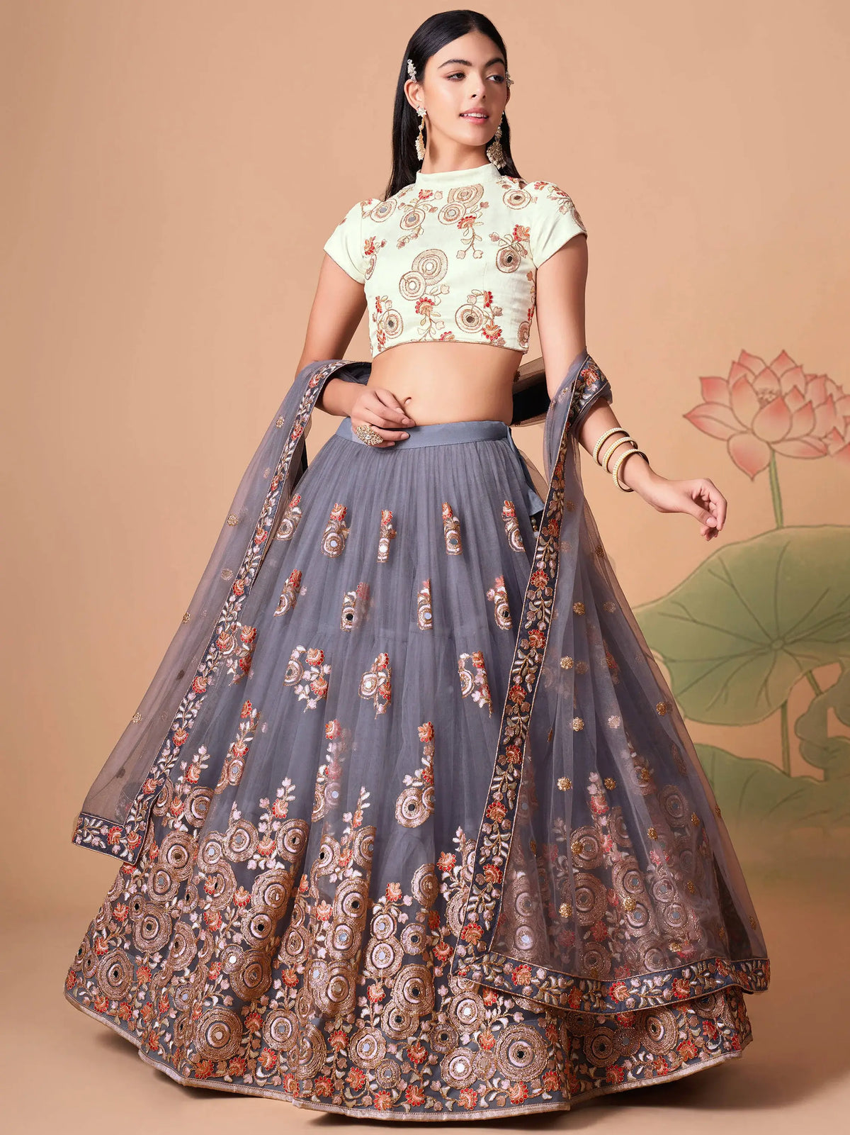 Sumptuous Grey Mirror Work Net Designer Lehenga Choli