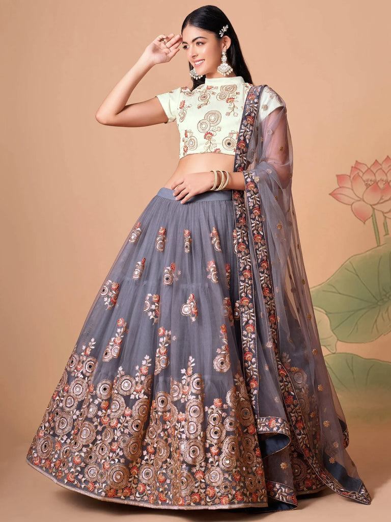 Amazing Grey Embroidered Net Cocktail Party Wear Plus Size Lehenga Choli