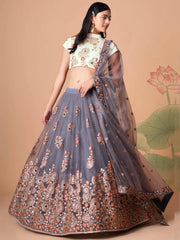 Sumptuous Grey Mirror Work Net Designer Lehenga Choli
