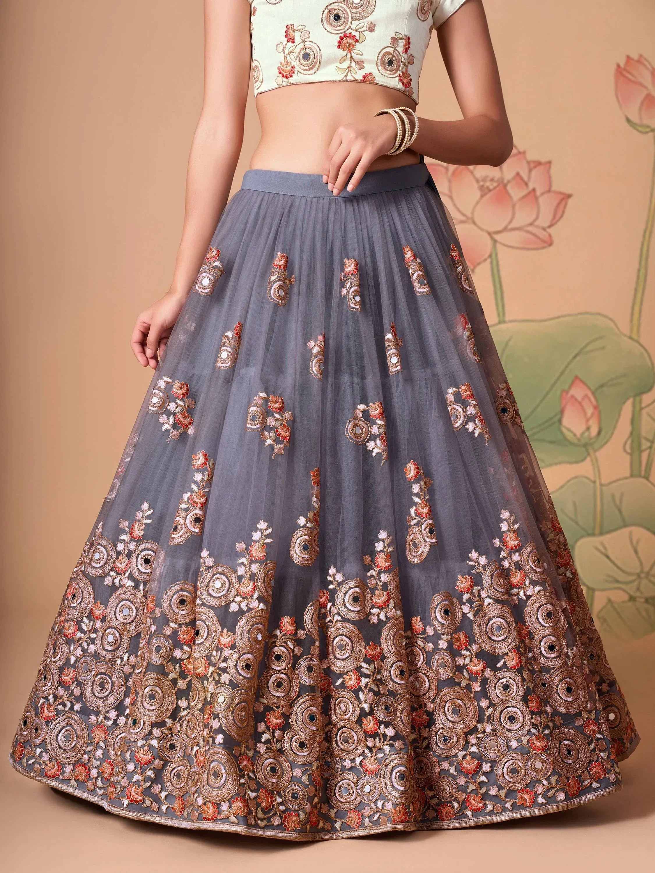 Amazing Grey Embroidered Net Cocktail Party Wear Plus Size Lehenga Choli