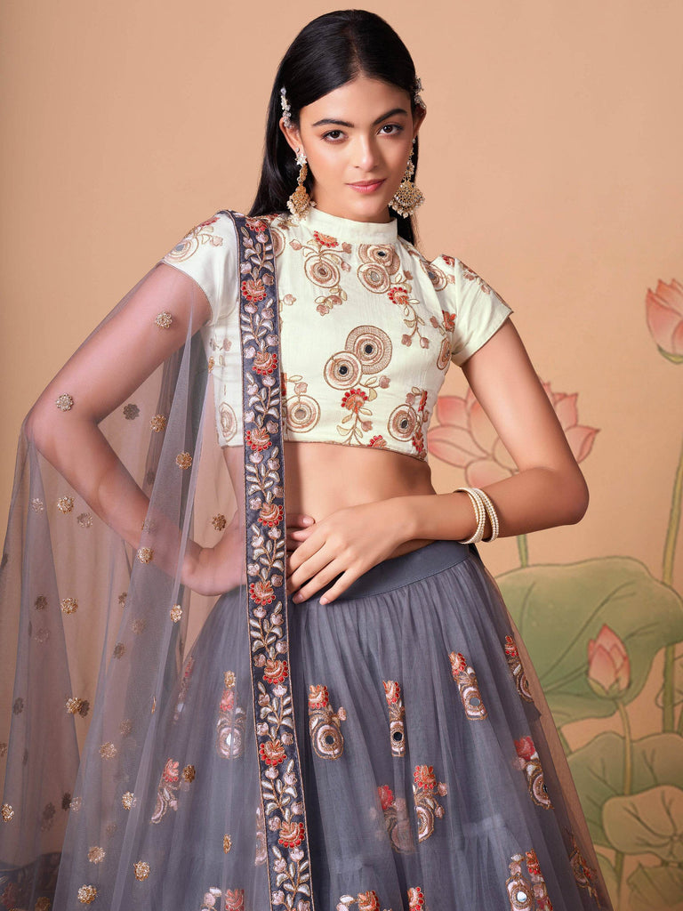 Sumptuous Grey Mirror Work Net Designer Lehenga Choli