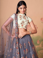 Sumptuous Grey Mirror Work Net Designer Lehenga Choli